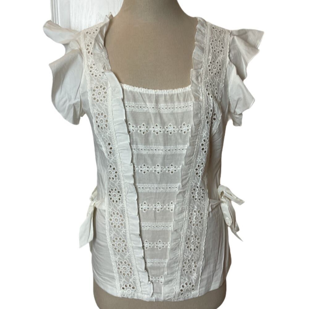 Lulumari White Ruffle Eyelet Short Sleeve Top Women's Size M